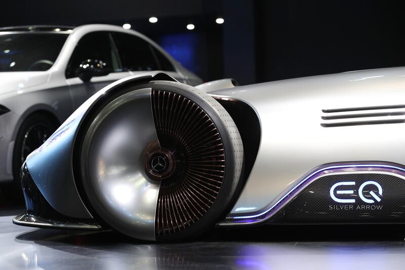A Mercedes-Benz Vision EQ Silver Arrow concept vehicle sits on display. Seong Joon Cho / Bloomberg