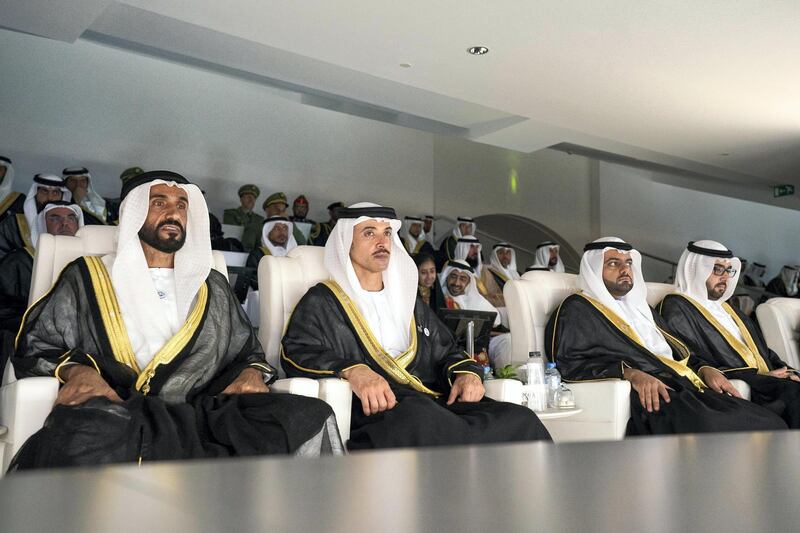 ABU DHABI, UNITED ARAB EMIRATES - December 2, 2018: (L-R) HH Sheikh Nahyan Bin Zayed Al Nahyan, Chairman of the Board of Trustees of Zayed bin Sultan Al Nahyan Charitable and Humanitarian Foundation, HH Sheikh Hazza bin Zayed Al Nahyan, Vice Chairman of the Abu Dhabi Executive Council, HH Sheikh Mohamed bin Hamad Al Sharqi, Crown Prince of Fujairah, and HH Sheikh Rashid bin Saud bin Rashid Al Mu'alla, Crown Prince of Umm Al Quwain, attend the official 47th UAE National Day Celebration ���This is Zayed. This is the UAE��� at Zayed Stadium. 
( Ryan Carter / Ministry of Presidential Affairs )
---