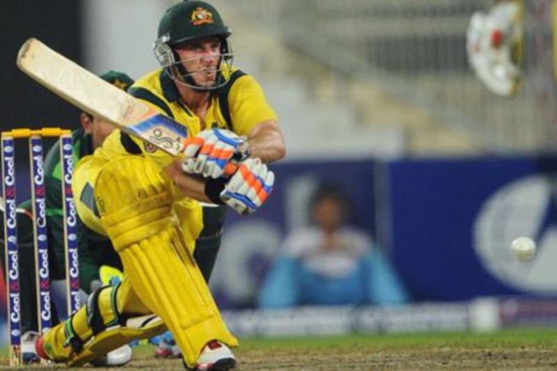 Michael Hussey plays a shot en route to his half-century against Pakistan during the third ODI in Sharjah