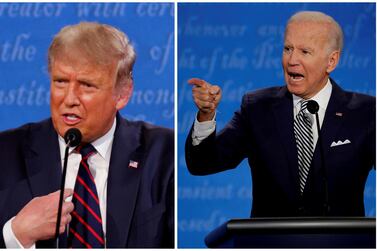 US President Donald Trump and Democratic presidential nominee Joe Biden speaking during the first 2020 presidential campaign debate. Reuters 