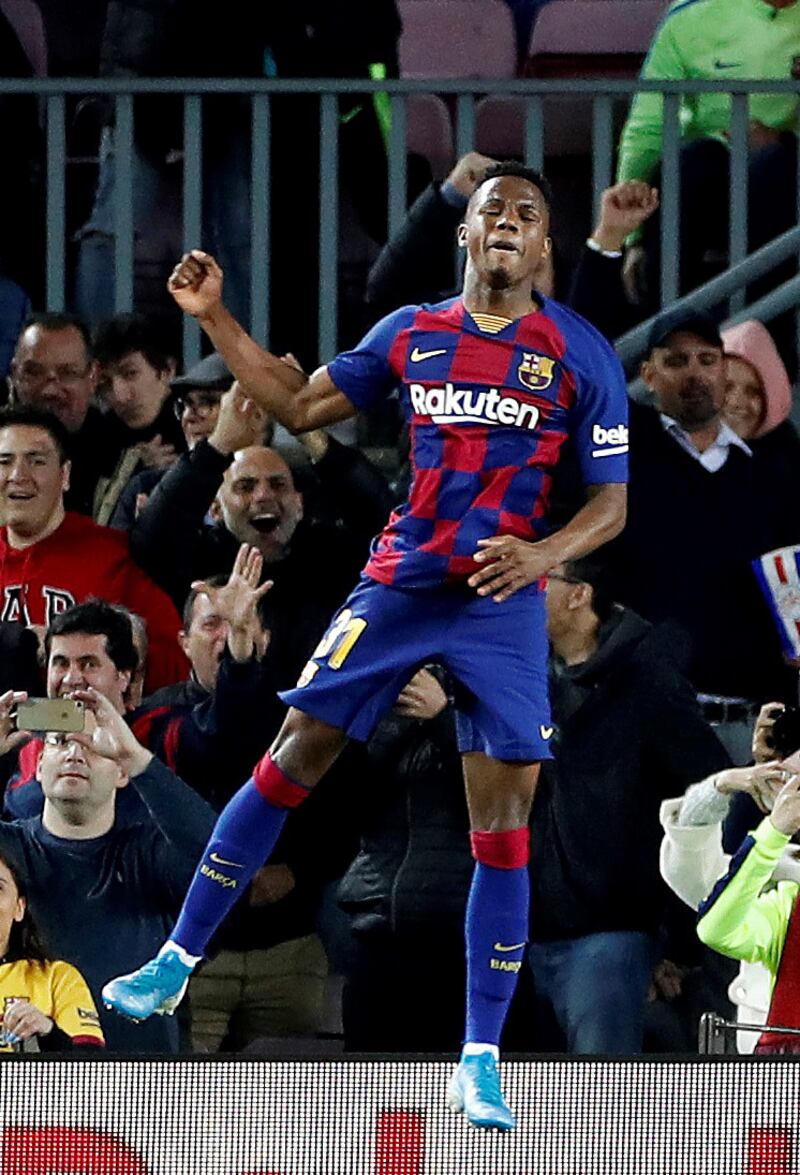 epa08188978 FC Barcelona's Ansu Fati celebrates after scoring during the Spanish LaLiga soccer match between FC Barcelona and UD Levante played at the Camp Nou stadium in Barcelona, Spain, 02 February 2020.  EPA/Alberto Estevez