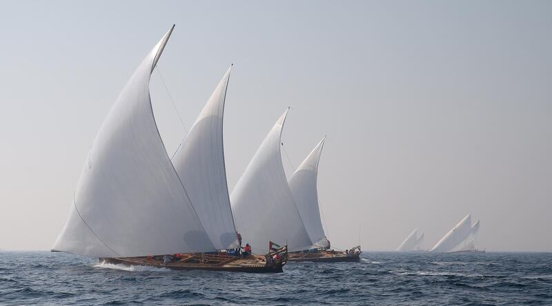 Dhows under full sail during the Al Gaffal race. Traditionally, the main pearl fishing season was from between June 1 and September 30. EPA