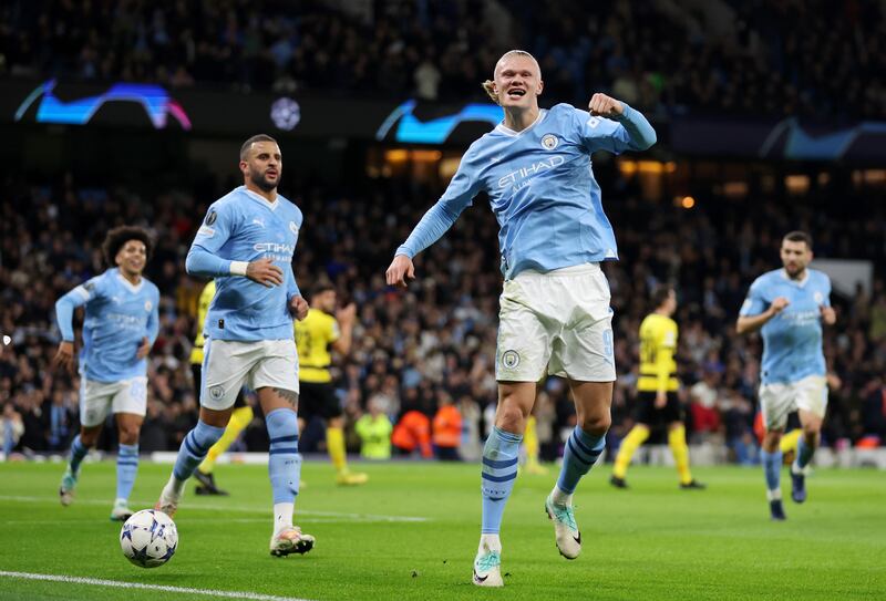 Erling Haaland after giving Manchester City the lead from the penalty spot  during the 3-0 Uefa Champions League win over Young Boys at Etihad Stadium on November 7, 2023. Getty Images