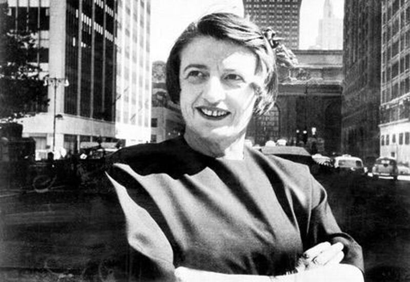 Ayn Rand, the Russian-born American novelist, is shown in Manhattan with the Grand Central Terminal building in background in 1962.