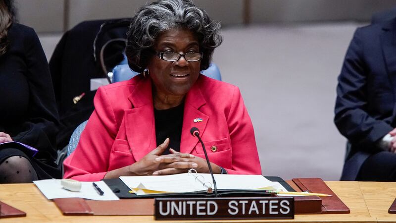 US ambassador to the UN Linda Thomas-Greenfield speaks at a Security Council meeting on Ukraine on February 6. Reuters