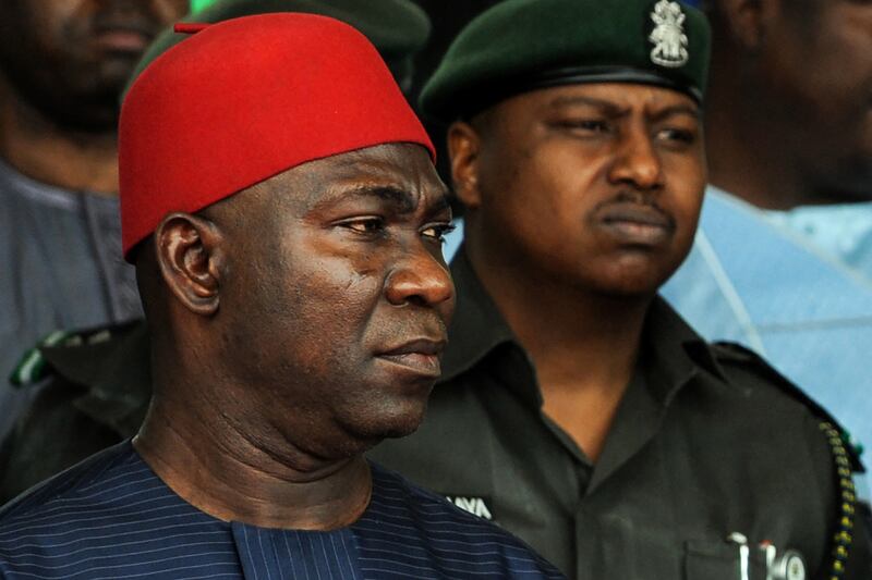 Nigerian senator Ike Ekweremadu (L) is on trial at the Old Bailey in London with his wife, daughter and another man. AFP