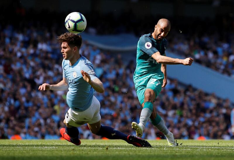 Stones attempts to block a shot from Tottenham's Lucas Moura. Reuters