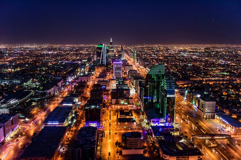 Streets in illuminated cityscape, Riyadh, Saudi Arabia