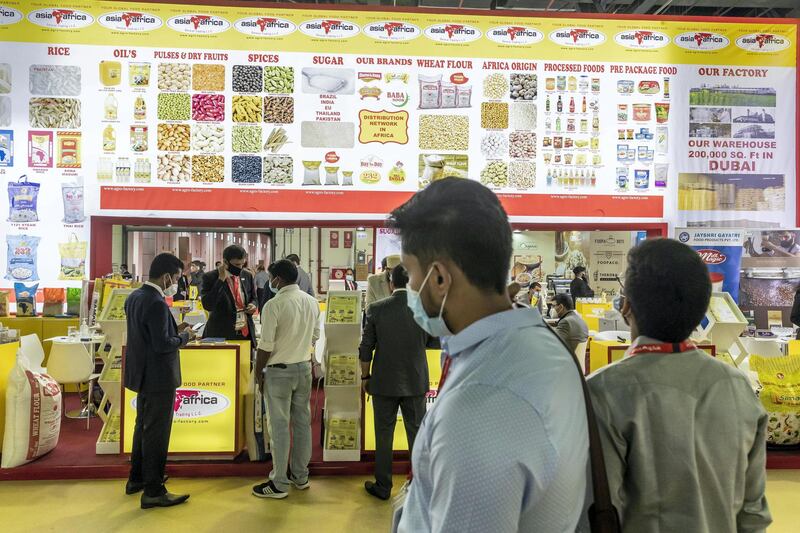 DUBAI, UNITED ARAB EMIRATES. 21 FEBRUARY 2021. Gulf Food Exhibition at the Dubai World Trade Center during the Covid-19 Pandemic. (Photo: Antonie Robertson/The National) Journalist: Georgia Tolley. Section: National.