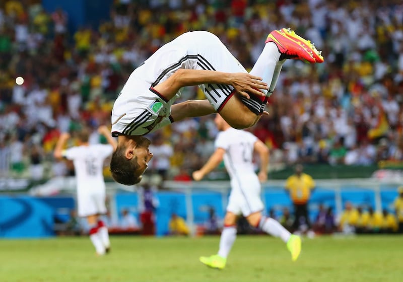 FORTALEZA, BRAZIL - JUNE 21:  Miroslav Klose of Germany does a flip in celebration of scoring his team's second goal during the 2014 FIFA World Cup Brazil Group G match between Germany and Ghana at Castelao on June 21, 2014 in Fortaleza, Brazil.  (Photo by Martin Rose/Getty Images)