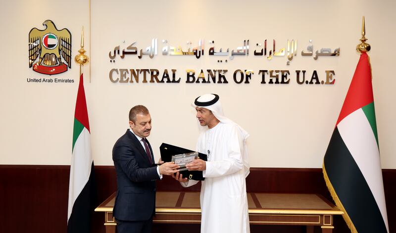 Khaled Balama, Governor of the Central Bank of the UAE, meets his Turkish counterpart Sahap Kavcioglu in Abu Dhabi. Photo: CBUAE