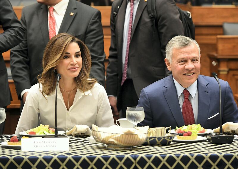 Jordan's King Abdullah II and Queen Rania arrive for lunch ahead of a meeting with House Foreign Affairs Committee Chairman Ed Royce, R-CA, in the Rayburn House Office Building on Capitol Hill in Washington, DC on June 26, 2018. (Photo by MANDEL NGAN / AFP)