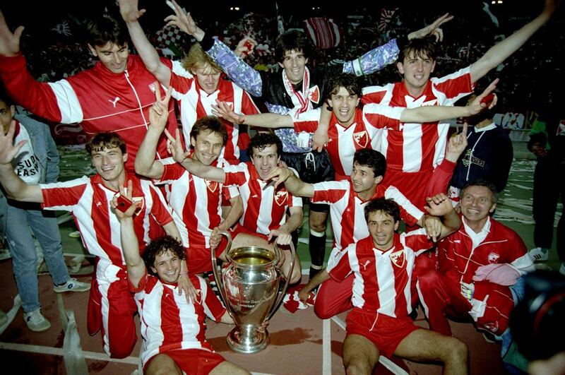 29 May 1991:  Red Star Belgrade celebrate after their victory in the European Cup final against Marseille in Bari, Italy. \ Mandatory Credit: Simon  Bruty/Allsport