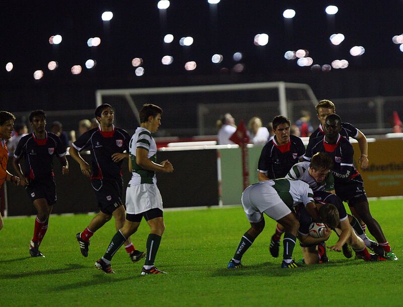 Dubai, United Arab Emirates-March, 23, 2013; Dubai College and Jumeriah College U-18  teams in action during the  UAE Schools Rugby Finals at the Sevens Grounds  in Dubai .  (  Satish Kumar / The National ) For Sports