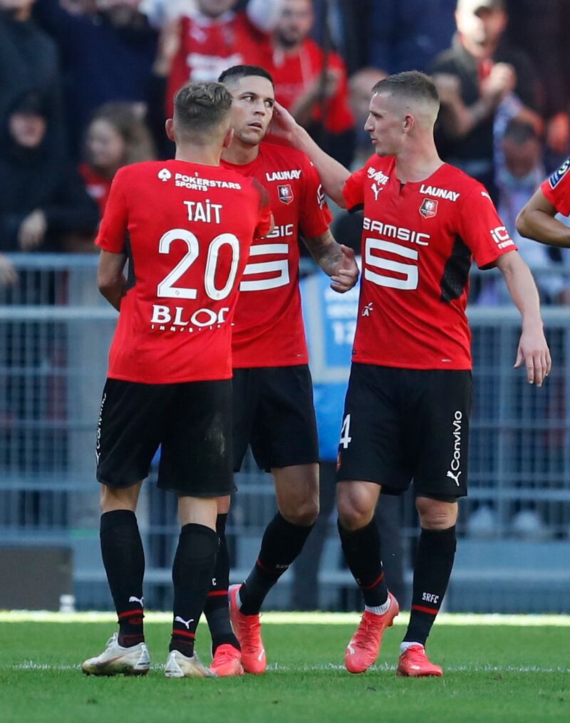 Rennes' Flavien Tait celebrates scoring their second goal. Reuters