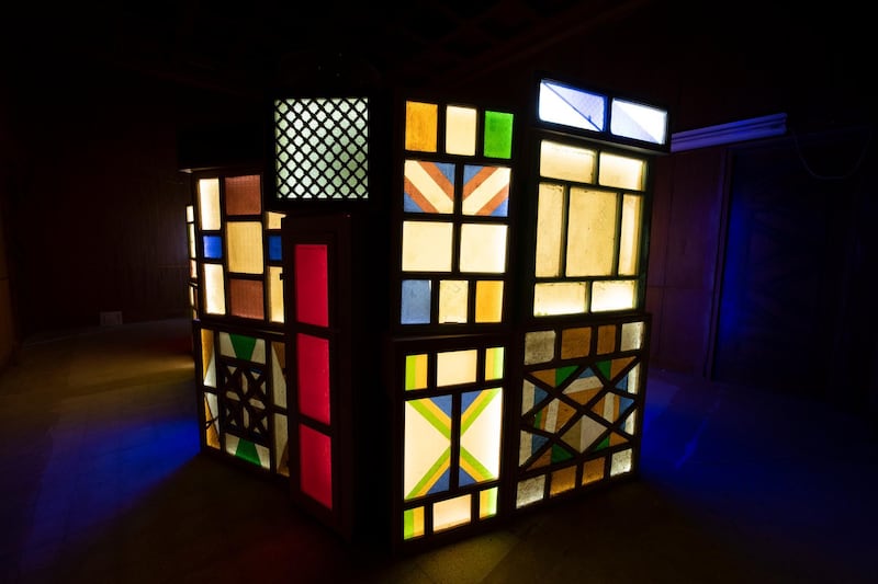 Prince Sutlan Bin Fahad made illuminated coloured light boxes out of windows he collected at flea markets and Friday souqs in Saudi Arabia over the years. Image courtesy Athr and the artist