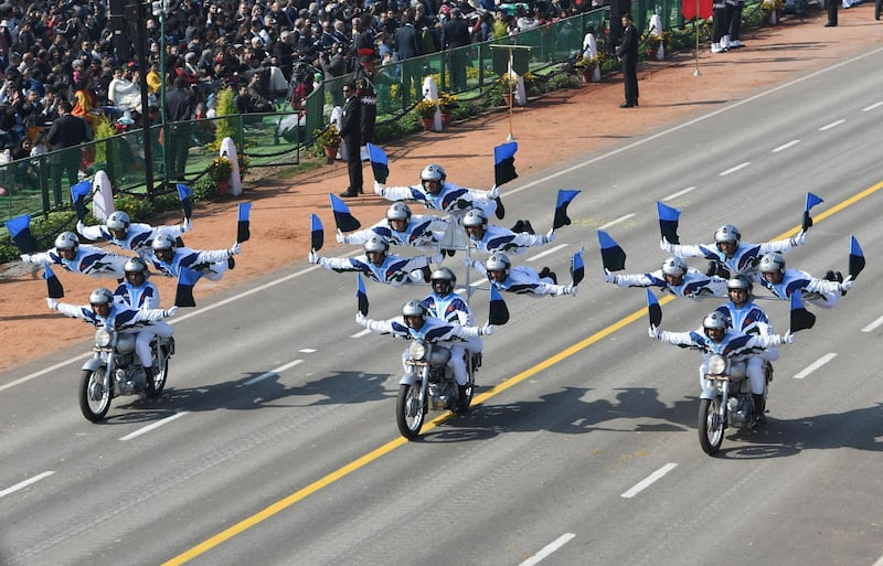 Members of the Indian Army motorcycle team 'Daredevils' take part in the Republic Day parade in New Delhi.  AFP
