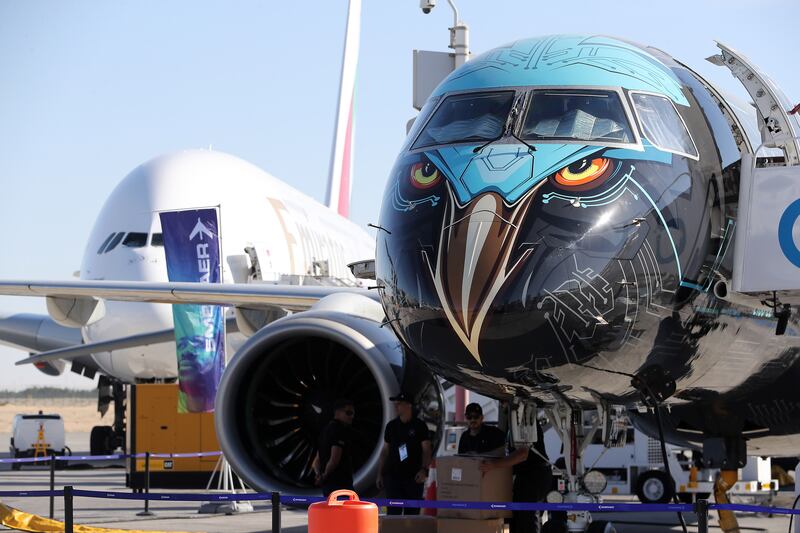 An exhibit with a bird-themed paint scheme the Dubai Airshow at Dubai World Central. Pawan Singh / The National