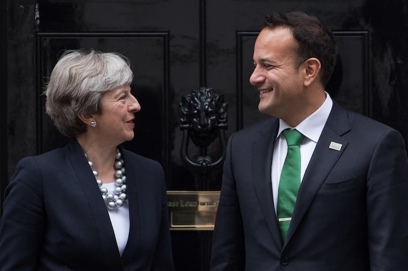 Then-British prime minister Theresa May welcomes Mr Varadkar to Downing Street, London, in September 2017. Getty Images