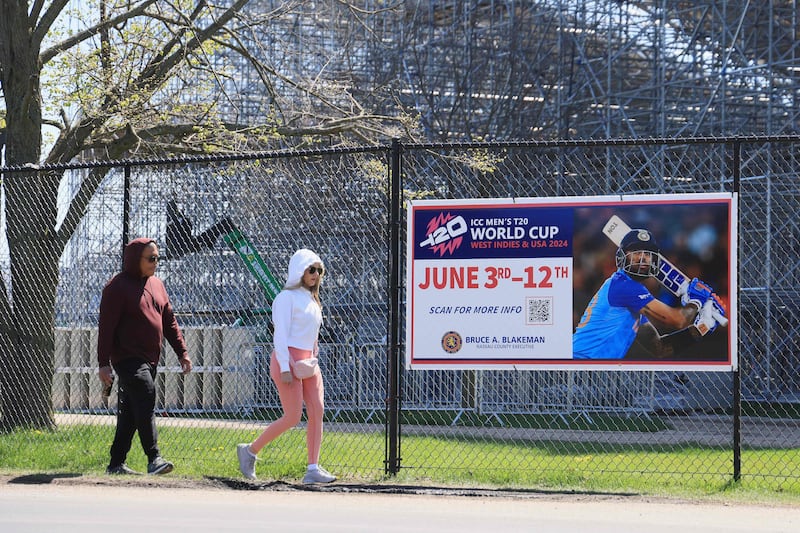 A poster for the T20 World Cup outside the Nassau County International Cricket Stadium in New York. AFP