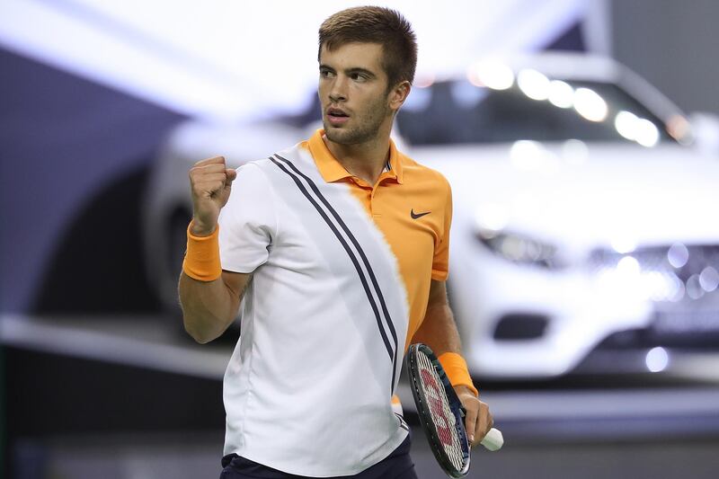 SHANGHAI, CHINA - OCTOBER 13:  Borna Coric of Croatia celebrates after defeating Roger Federer of Switzerland during their Singles - Semifinals match of the 2018 Rolex Shanghai Masters at Qi Zhong Tennis Centre on October 13, 2018 in Shanghai, China.  (Photo by Lintao Zhang/Getty Images)