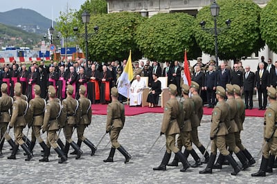 A guard of honour greeted Pope Francis and Hungarian President Katalin Novak. EPA 