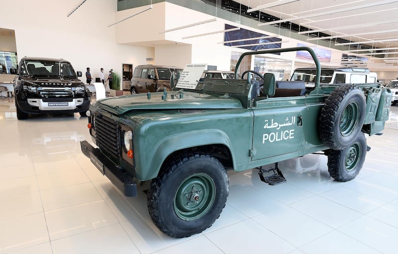 DUBAI, UNITED ARAB EMIRATES , June 27 – 2020 :- Classic Police Land Rover Defender on display at the Land Rover Defenders showroom on Sheikh Zayed Road in Dubai. (Pawan Singh / The National) For Motoring. Story by Simon