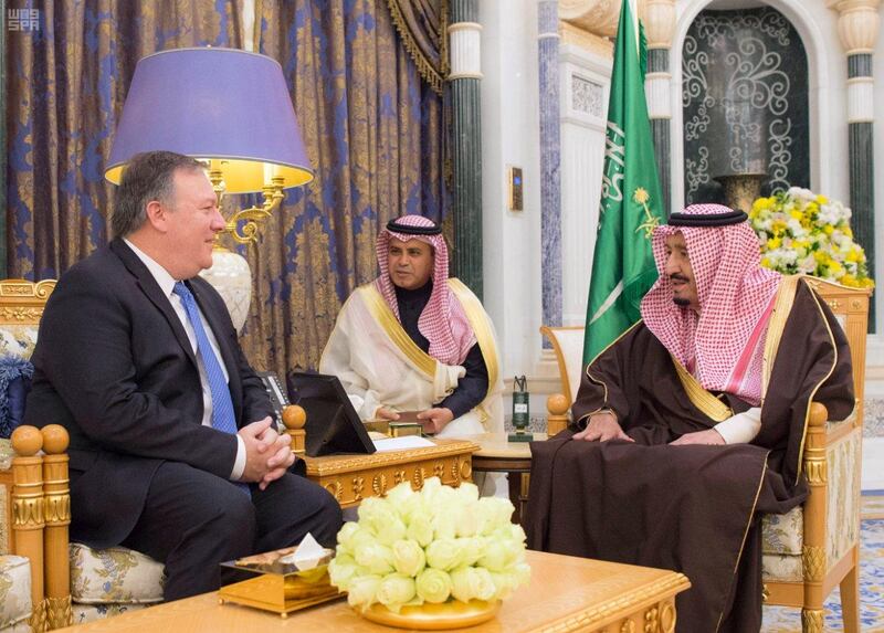 King Salman of Saudi Arabia meets with CIA director Mike Pompeo on Monday in Riyadh. Saudi Press Agency