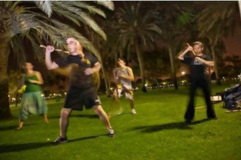 Briton Tony Whittington leads Dubai’s Sicas Famosus Group in practising the Filipino martial art of pekiti tirsia kali on a hot summer evening in Safa Park.
