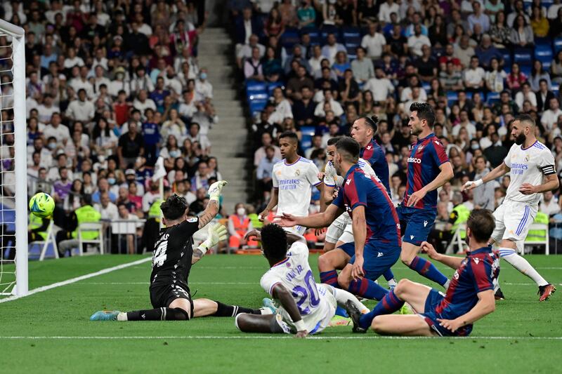 Real Madrid's Brazilian forward Vinicius Junior scores his team's fourth goal. AFP