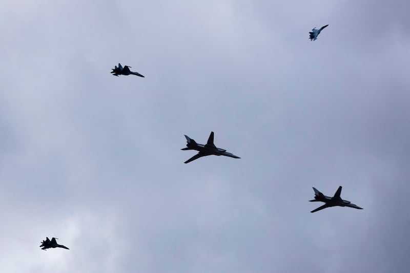Two Tu-22M3 bombers escorted by Su-35 fighters of the Russian air force during the Union Courage-2022 Russia-Belarus military drills in Belarus. AP Photo