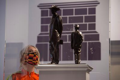 Deputy London Mayor Justine Simons looks at Antelope by Samson Kambalu, on display at the National Gallery, in London, one of the six artworks proposed as the next design for the Fourth Plinth at Trafalgar Square, in London, Monday May 24, 2021. (Kirsty O'Connor/PA via AP)