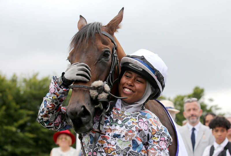Khadijah Mellah after winning the Magnolia Cup on Haverland at Goodwood, Chichester. All photos: Mark Kerton / PA Wire