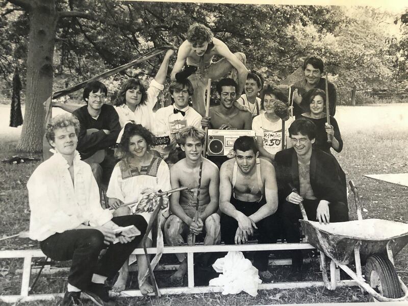 After discovering a love of reading at the prestigious Westminster School, Omar Al Qattan, seen holding the radio above with the cast of 'A Midsummer Night's Dream' in 1984, would go on to study English literature at Oxford University. Courtesy Omar Al Qattan