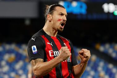 Soccer Football - Serie A - Napoli v AC Milan - Stadio San Paolo, Naples, Italy - November 22, 2020 AC Milan’s Zlatan Ibrahimovic celebrates scoring their first goal while wearing red face paint to raise awareness of domestic violence against women REUTERS/Ciro De Luca TPX IMAGES OF THE DAY