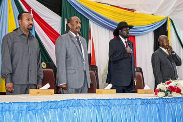 From left, Ethiopian Prime Minister Abiy Ahmed, President of Sudan's Transitional Council Gen Abdel Fattah Al Burhan, President of South Sudan Salva Kiir and Uganda's President Yoweri Museveni in Juba, South Sudan, for the start of peace talks with Sudanese rebels on October 14, 2019. AFP