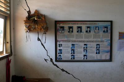 Pictures of Indonesia's former presidents and offerings of Balinese Hindu called "Canang" are seen inside a school building, damaged following an earthquake in Nusa Dua, Bali, Indonesia July 16, 2019. REUTERS/Johannes P. Christo