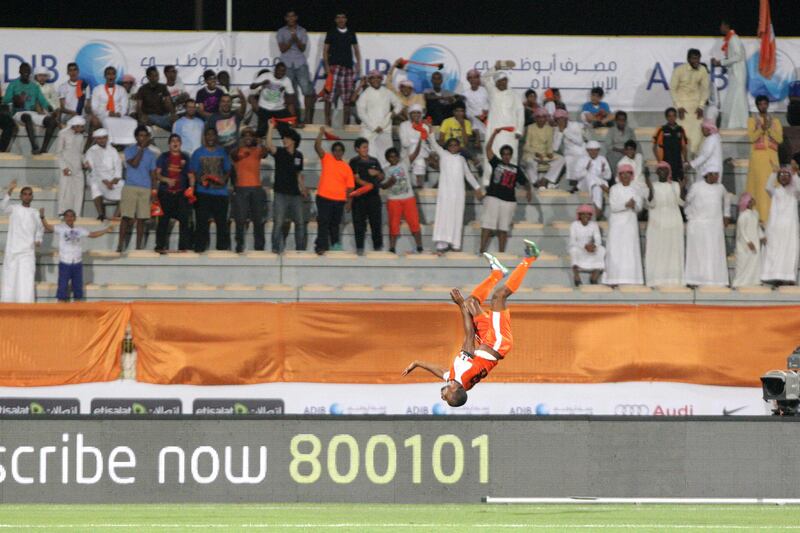 Dubai, United Arab Emirates, May 14, 2013 -  Boris Kabi from Ajman celebrate his goal (2-1) against  Jazira during the Pro League Etisalat Cup final at Al Wasl's Zabeel Stadium. ( Jaime Puebla / The National Newspaper ) 