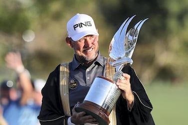 Abu Dhabi, United Arab Emirates - Reporter: Paul Radley and John McAuley: Lee Westwood celebrates winning the Abu Dhabi HSBC Championships. Sunday, January 19th, 2020. Abu Dhabi Golf Club, Abu Dhabi. Chris Whiteoak / The National