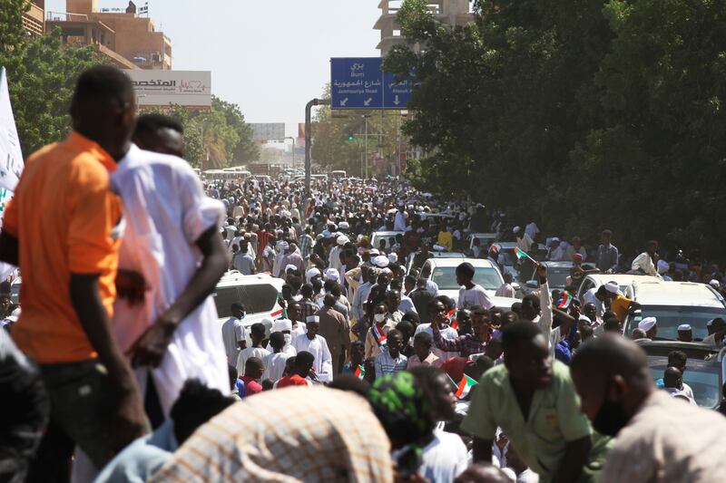 Protesters camping outside the presidential palace demand the dismissal of the government of Prime Minister Abdalla Hamdok. AP