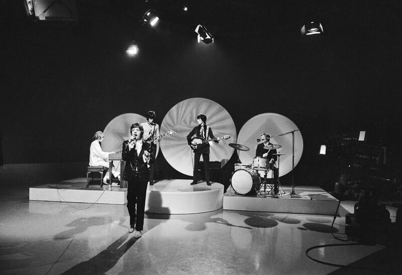 The Rolling Stones performing 'She Smiled Sweetly' on the Eamonn Andrews show, 5th February 1967. From left to right Brian Jones, Mick Jagger, Keith Richards, Bill Wyman and Charlie Watts. (Photo by Larry Ellis/Express/Getty Images)