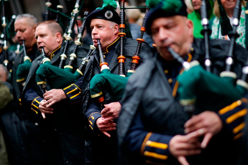 Bagpipers warm up near Fifth Avenue in New York. AP