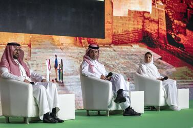 Fahd Hamidaddin, chief executive of Saudi Tourism Authority (left), discusses the kingdom's tourism prospects on an Arabian Travel Market panel alongside Seera Group acting chief executive Majed Alnefaie (centre) and FNN International founder Afnan Alshuaiby. Antonie Robertson / The National