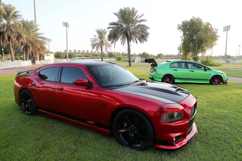 ABU DHABI , UNITED ARAB EMIRATES ,  October 14 , 2018 :- Modified Dodge and Honda cars for the StreeMeet car show which will be taking place on 26th October at the Abu Dhabi City Golf Club in Abu Dhabi. ( Pawan Singh / The National )  For Weekend. Story by Adam Workman
