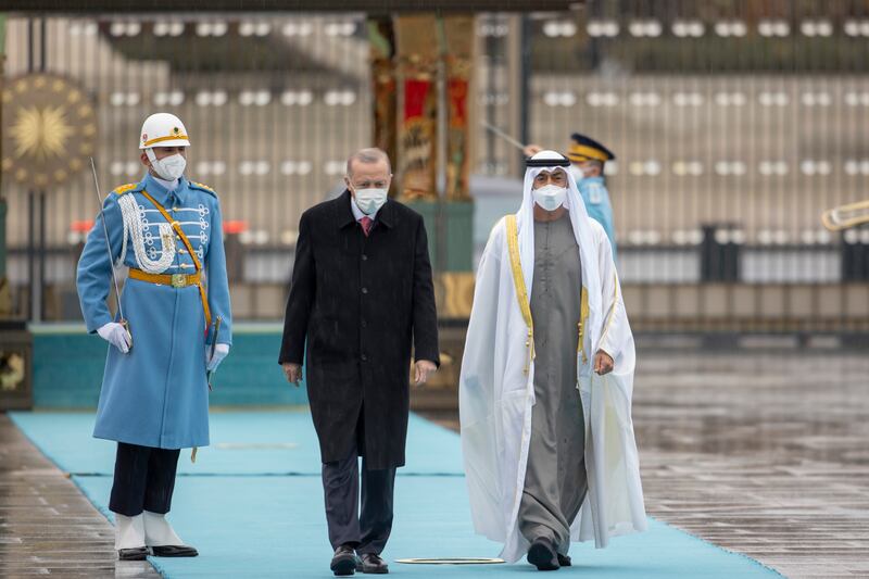 Sheikh Mohamed bin Zayed, Crown Prince of Abu Dhabi and Deputy Supreme Commander of the Armed Forces, inspects the Turkish Armed Forces Honour Guard at the Presidential Complex. Mohamed Al Hammadi / Ministry of Presidential Affairs