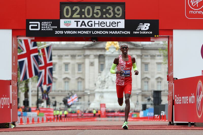 Farah crosses the finish line at the London Marathon in 2019. Getty Images