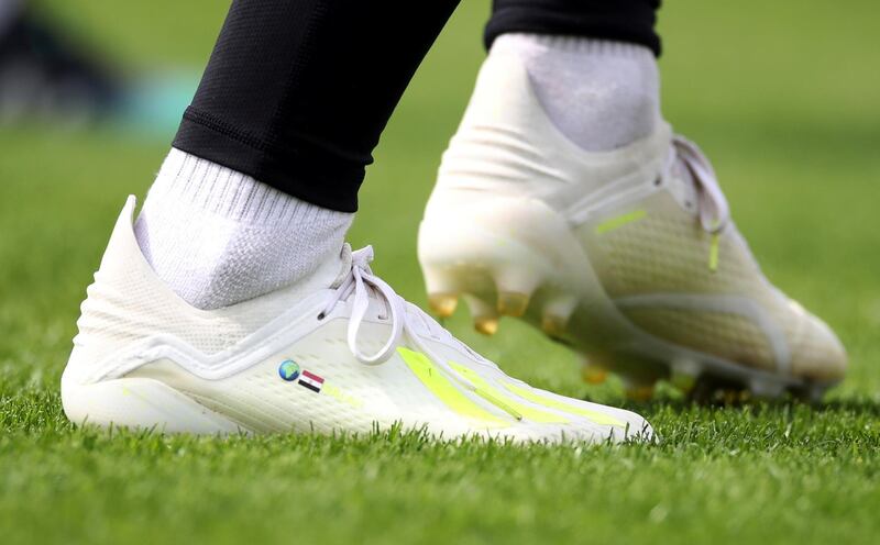 A close-up of Mohamed Salah's boots taken during training at Melwood ahead of the Champions League semi-final clash against Barcelona. Reuters