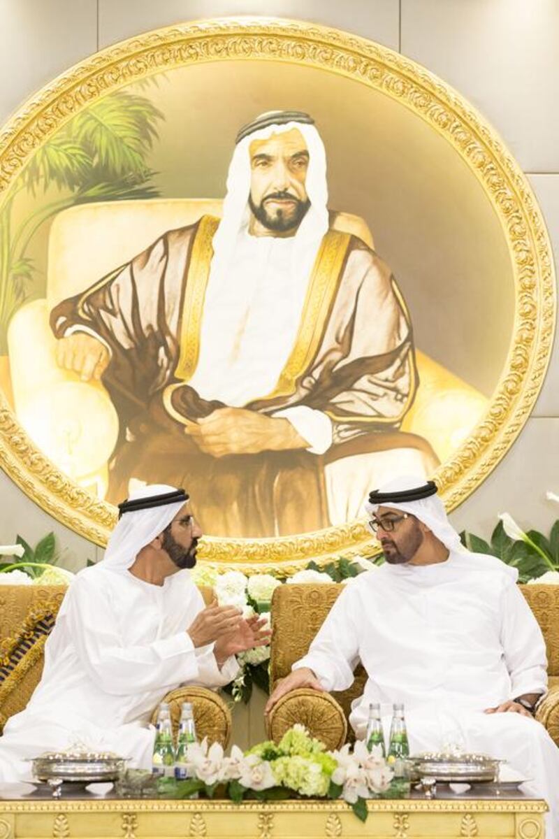 Sheikh Mohammed bin Rashid and Sheikh Mohammed bin Zayed speak during the reception. Ryan Carter / Crown Prince Court — Abu Dhabi