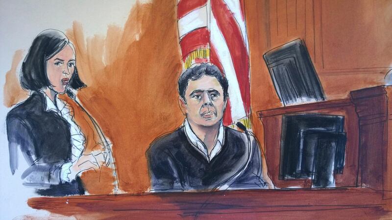 In this courtroom artist's sketch, defendant Mehmet Atilla, right, testifies during his trial on corruption charges, Friday, Dec. 15, 2017 in New York. The Turkish banker faces charges that he helped Iran evade U.S. sanctions. During his testimony Friday, he said "never" repeatedly when asked if he did criminal acts to support a conspiracy. At right is an interpreter who translates between Turkish and English for the trial. (Elizabeth Williams via AP)