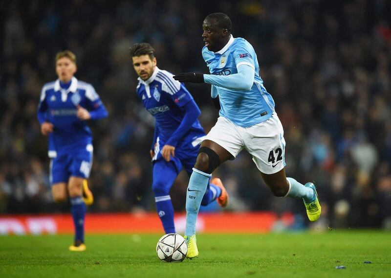 Yaya Toure of Manchester City breaks forward during the Uefa Champions League round of 16 second leg match between Manchester City FC and FC Dynamo Kyiv at the Etihad Stadium on March 15, 2016 in Manchester, United Kingdom. (Photo by Laurence Griffiths/Getty Images)